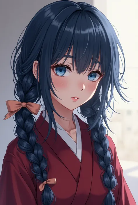 Extremely gorgeous and handsome realism & realistic girl with long dark blue that's tied into a single messy cute long braid at the back of her hair,and has a big peach colored ribbon at the back of her head on the braid,she has beautiful ocean dark blue e...