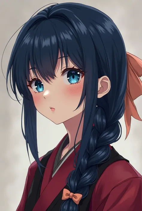 Extremely gorgeous and handsome realism & realistic girl with long dark blue that's tied into a single messy cute long braid at the back of her hair,and has a big peach colored ribbon at the back of her head on the braid,she has beautiful ocean dark blue e...