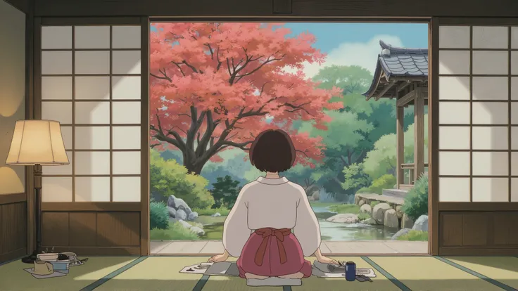   A girl with medium length dark hair in a kimono ,  and putting hands on ,   using Japanese calligraphy . .  The paper sliding door leading to the garden is wide open  ,   Japanese maple maple tree maple tree in a spacious and cozy Japanese-style tatami r...