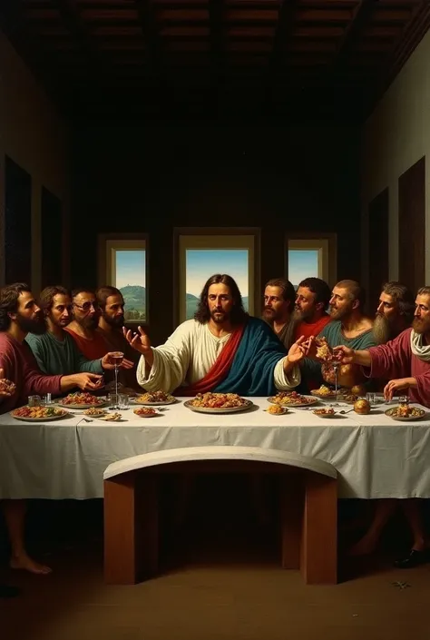 The last supper: Jesus at the center of the table, holding bread and offering it to His disciples 