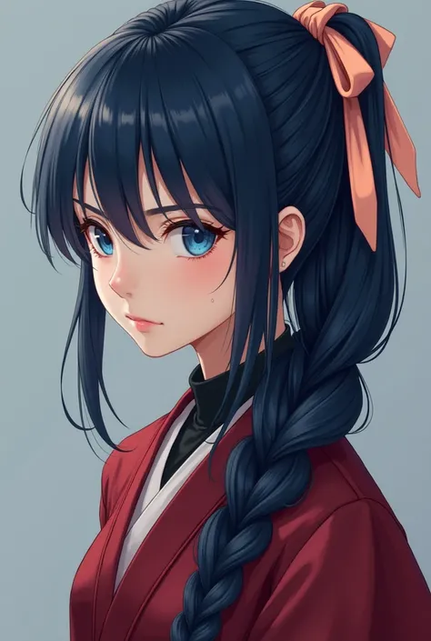 Extremely gorgeous and handsome realism & realistic real human girl with long dark blue that's tied into a single messy cute long braid at the back of her hair,and has a big peach colored ribbon at the back of her head on the braid,she has beautiful ocean ...