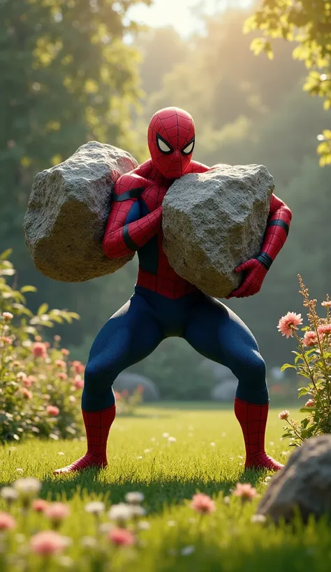 A bright daytime scene in a garden, where Spider-Man is attempting to lift a very large rock with all his strength. His red and blue suit stretches as he strains, his body tense and his muscles flexing in effort. The rock is massive, and despite his agilit...