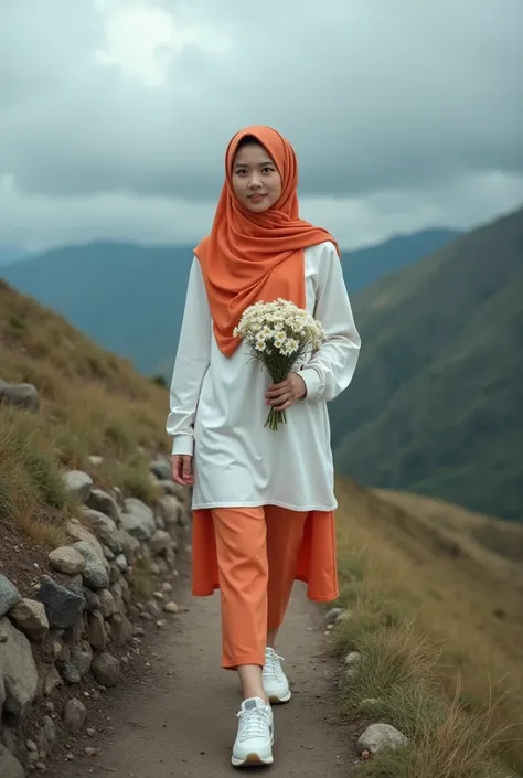 high quality, an indonesian woman with hijab,wear a white orange dress, wearing newbalance white shoes ,short body, walking carrying daisies, look at the camera, rocky hill background,dark cloudy sky