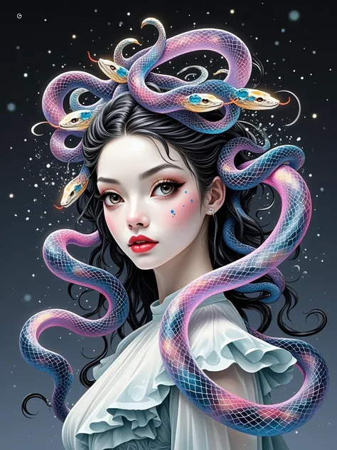 Medusa as a high fashion model on the cover of Vogue, inspired by the styles of Helmut Newton and Paolo Roversi, beautiful and powerful, the whole head hair has become glass snakes, each snake breaks different colors of the rainbow, delicate The dazzling f...