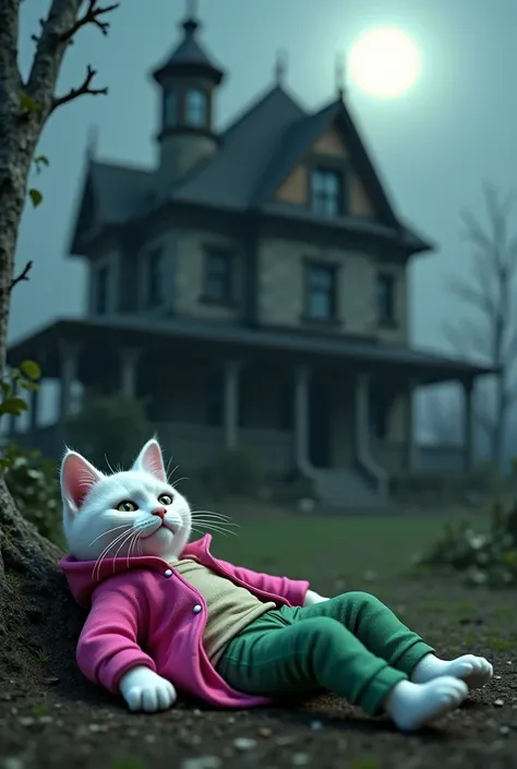 Generate a high quality 3D image: a white cat that wear pink jacket and green pant is lying down outside the horror house at night 