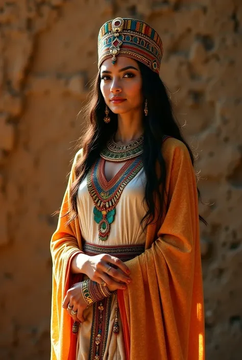 An Egyptian woman dressed in an open dress. He wears Egyptian clothes 