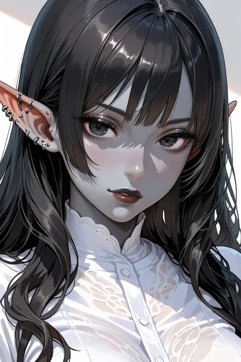 masculine elf girl, gray skin, black eyes, short wavy black hair, white shirt with ruffles, dark lips, pierced ears, dark fantasy