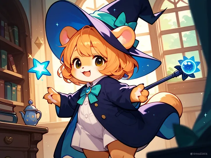 Hamster Personification , furry, cute hamster girl,  Magician's Robe ,Wizard&#39;s Pointed Hat,  A magic wand that emits light, Magical House,  The room is full of wonders