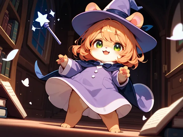 Hamster Personification , furry, cute hamster girl,  Magician's Robe ,Wizard&#39;s Pointed Hat,  A magic wand that emits light, Magical House,  The room is full of wonders