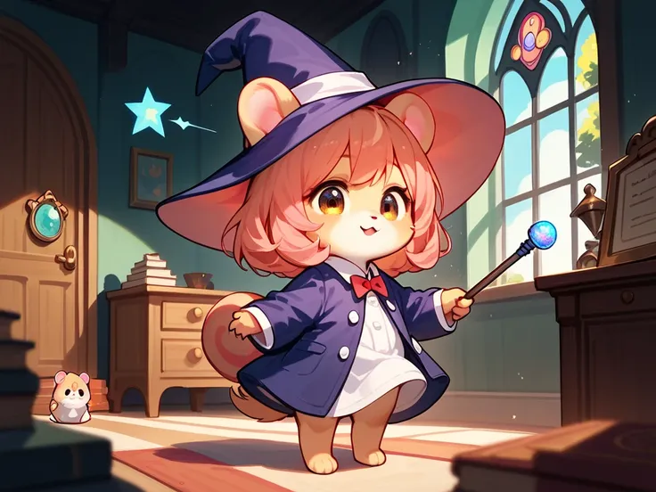 Hamster Personification , furry, cute hamster girl,  Magician's Robe ,Wizard&#39;s Pointed Hat,  A magic wand that emits light, Magical House,  The room is full of wonders