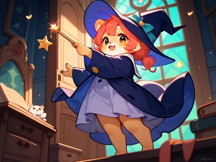 Hamster Personification , furry, cute hamster girl,  Magician's Robe ,Wizard&#39;s Pointed Hat,  A magic wand that emits light, Magical House,  The room is full of wonders