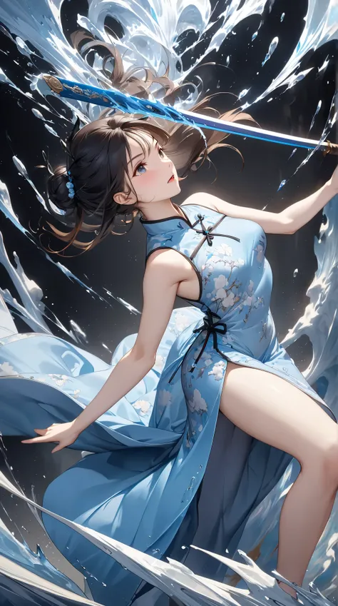 ((   top quality )),(   ultra high definition),(   very detailed ),(    detailed explanation  ),((   best CG   )),(   Best Works of Art   ),  Ultra Precision Art ,   Best Artwork ,(The art of accurate depiction :1.5), woman,  light blue china dress,竜の刺繍, C...