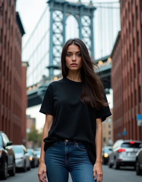 Beautiful Russian girl in a black oversized t-shirt, in jeans, among the streets of the city, with the Brooklyn Bridge in the background