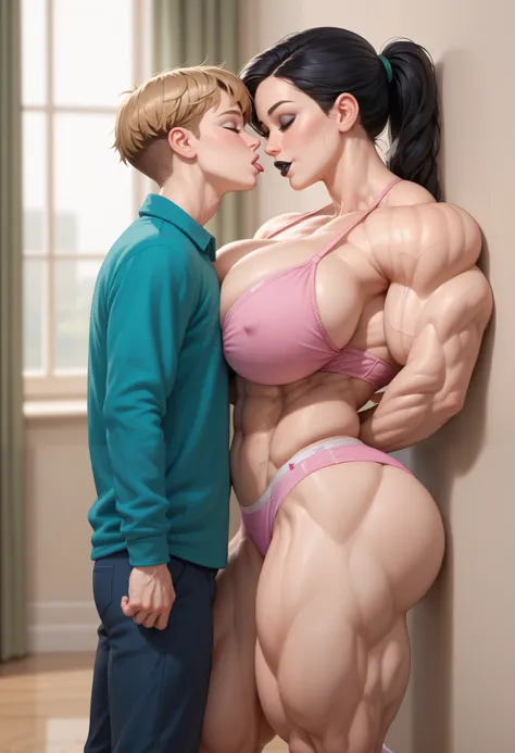  masterpiece fails, top quality ,  high detail, ,muscular,  tall girl  kiss a skinny  guy, (size difference, taller girl:1.1),  big massive breast,   (she towering he pins the man against the wall), (height difference), (HyperMuscle), sexy pink underwear, ...