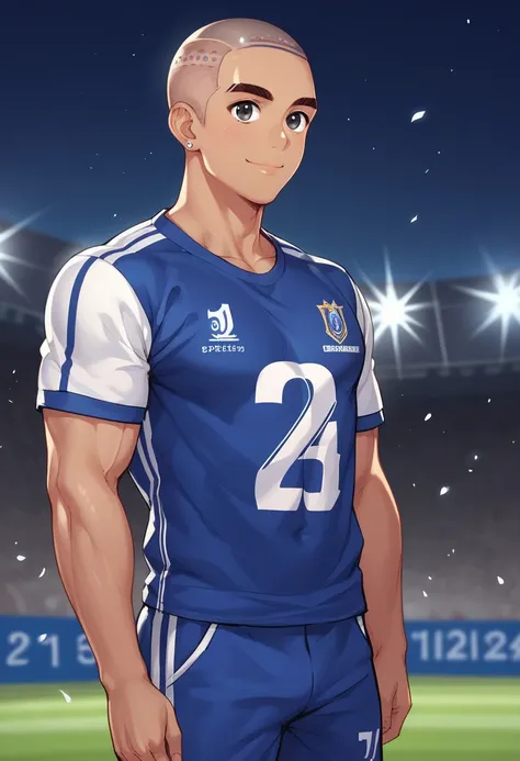 28-year-old male, Japanese, black eyes, tanned skin , Blue and white soccer uniform, Number 10, ((shaved head)), No hair, ((Muscular)), (Large), Height 184 cm , round face, big eyes, Thick eyebrows, A cheerful smile, Big stadiums in big cities, full audien...