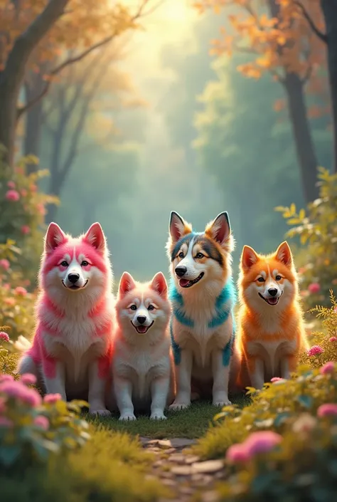  There are 4 dogs standing next to the camera in the park ,there are 4 dogs standing far from the camera ,  bright color nature fantasy realistic 