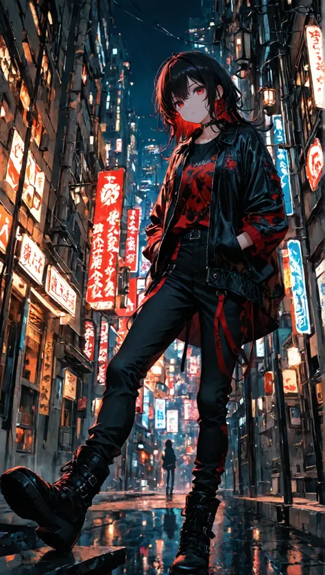 1 girl, long messy black hair, crimson red eyes ,with a t-shirt, short jacket with straps, pants,boots with straps,  Colors black and red , wearing a bat,Japanese city scenery at night