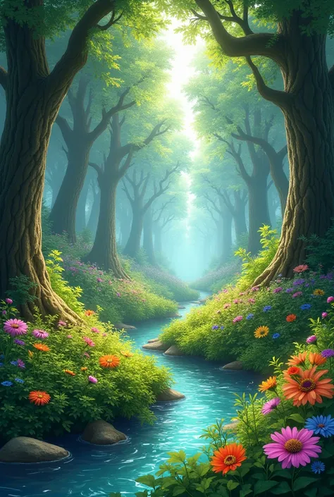 A beautiful, vibrant forest with tall trees, colorful flowers, and a gentle stream running through it.