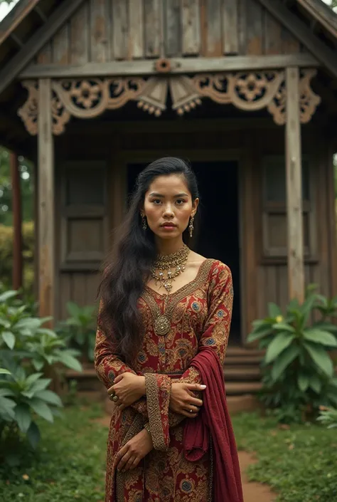 Malay woman wooden house