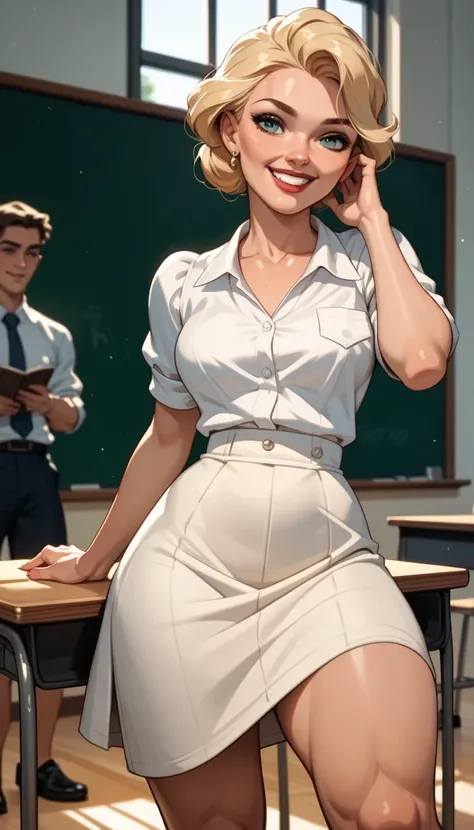 Hot blonde student in the classroom ,  seated in a sensual way  ,  she wears a basic white blouse and a black pencil skirt, Toned thighs,  perfect anatomy ,vista inferior,  perfect angle , smile