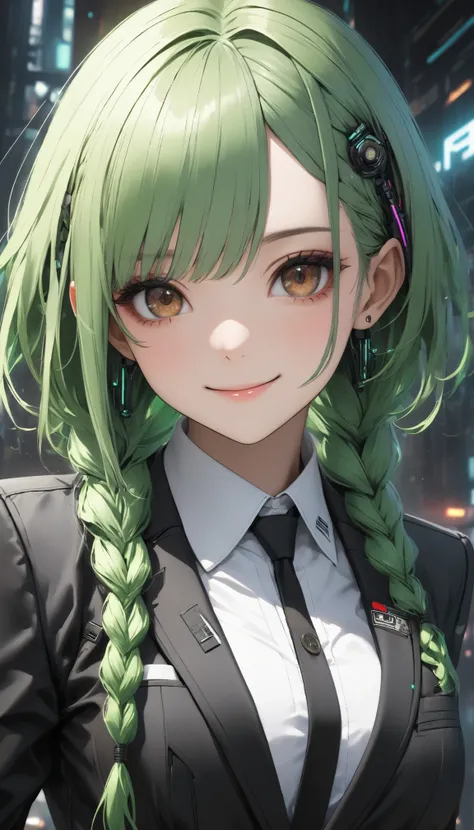 super realism、hyper realstic 1girl. cyberpunk、
(Green hair color、 brown eyes) Side Braids ,  Smile 、Loli Face、 suit style、 Face Up 、