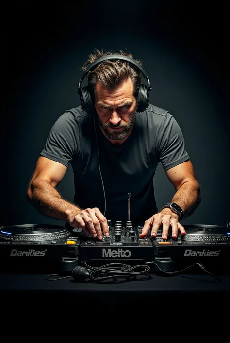 Realistic logo with a djing real man