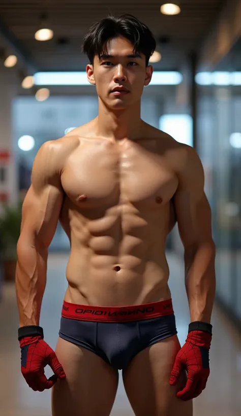 Handsome and sexy Korean ageer, , young, boy, shirtless, Spidermam underwear open on one side and showing his sixpack abs, muscular, sixpack, young, front view, Korean idol, biceps and triceps, Spiderman gloves, photo realistic, realistic, 8k, UHD, sexy, h...