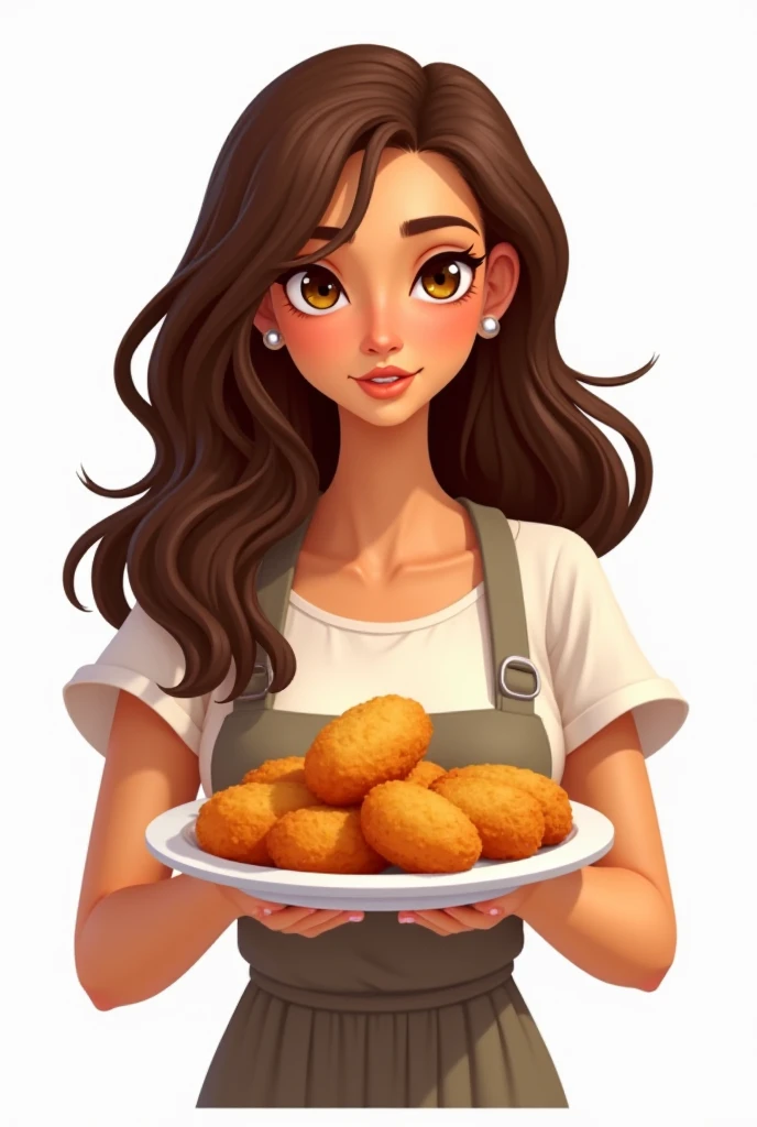 Avatar logo with tanned brunette and long curly hair, modest clothing, Holding a plate with only fried coxinha and with the phrase "Salgados da Vih"  In capital letters