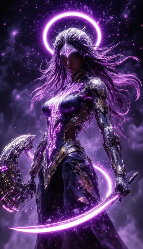 A divine female warrior goddess representing Kenya, bathed in a mystical purple glow. Her curvy, ethereal form is clad in a minimalistic, futuristic armor, shimmering with deep purple and violet tones that pulse with an otherworldly energy. The armor is sl...