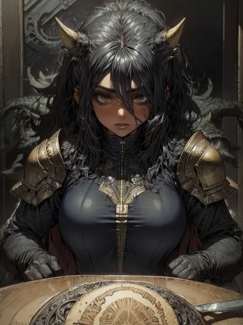 (super detailed),  raised details ,  High quality cutlery, 8k, ( masterpiece),  best quality,  dark skin,  Black Woman, symmetrical,  black hair,  Perfect face, intricate hair, Side hair tie, black shirt, , dominant figure,  presumptuous, intimidating, Col...