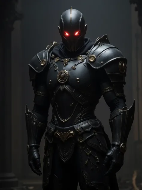 Someone muscular who wears black armor with gold details that covers their entire body, leaving only their visible eyes that glow red. 