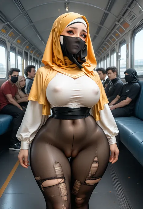 Teen,   face veil, hijab shiny black, head scarf,shy looking , gold jewellery around her waist, horny, camel toe, high quality, thick thighs, big tits, wide hips, waist, standing on muscle men chast, crowd luxury bus sation, train, no panties, fat pussy, p...