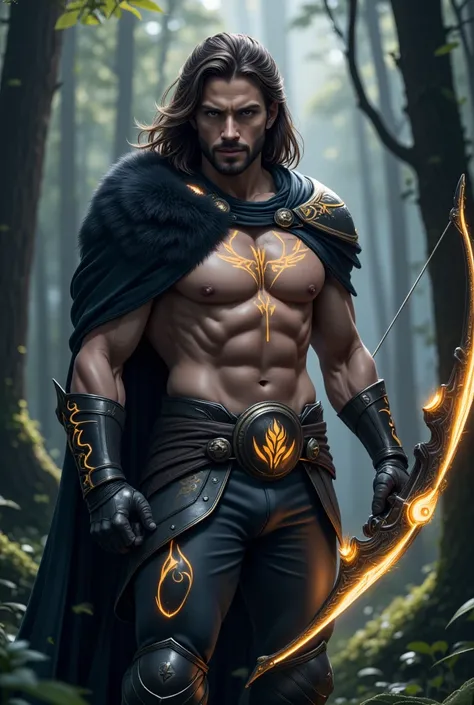 a highly detailed portrait of a male warrior, extremely detailed face and eyes, long flowing hair, strong and muscular physique, wearing intricate armor with glowing runes, holding a powerful crossbow, standing in a dark and moody forest, dramatic lighting...