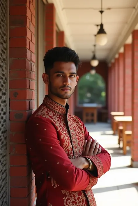 high quality, 8K Ultra HD, A beautiful "A young man with medium brown skin, short black hair, and a confident expression stands with his arms crossed, leaning against a red brick pillar in a long outdoor corridor. He wears a traditional red and gold embroi...