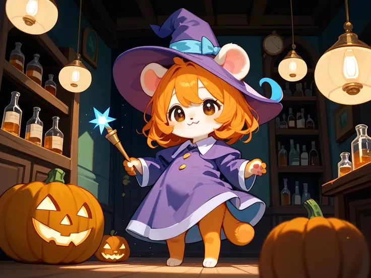 Hamster Personification , furry, cute hamster girl,  Magician's Robe ,Wizard&#39;s Pointed Hat,  A magic wand that emits light, Pumpkin Pants, Magical House, The room is full of wonders, Laboratory flasks and medicine bottles are lined up, A lot of herbs a...