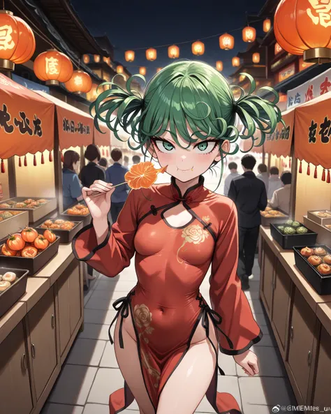 (high res, 8K, masterpiece, looking at viewer, best quality, very aesthetic, ultra detailed, ultra background, ultra Eyes) intricate details, 1girl, Tatsumaki, Green eyes, Dark Green Hair, Ponytails hair, Smile Face, Red Cheongsam Qipao, Walking while eati...