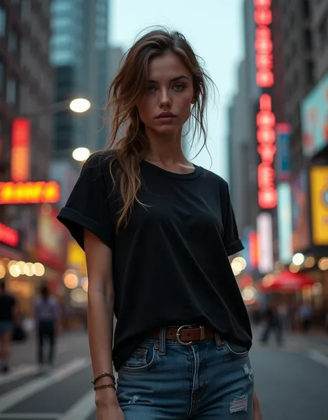 Beautiful Russian girl in a black oversized t-shirt, in jeans, among the streets of the city, American aesthetics