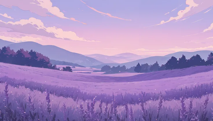 LAVENDER landscape , Pastel Purple Colors ,,Ghibli style ,cute ,Cozy , Landscape Wide Field Ultrawide Purple tone