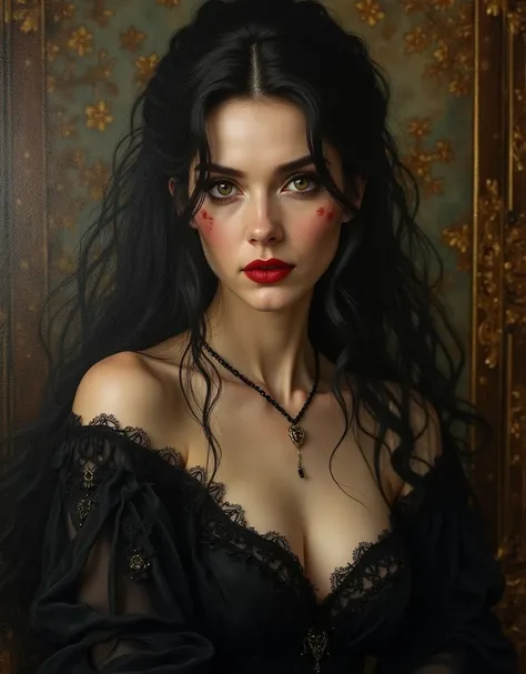  Portrait of the Countess who died in prison, a bewitching MILF famous for being a poisoning demon and a serial killer, drawn with oil paint. I look at the viewer from inside the picture and smile gracefully and indecently, (masterpiece, best quality, amaz...