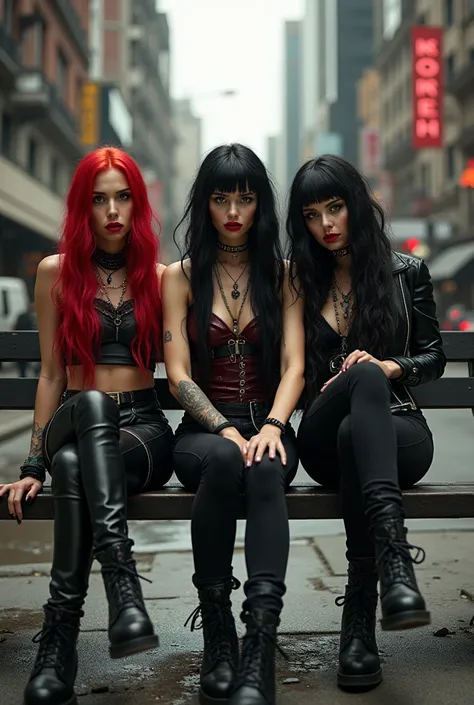 Three metalheads women with red lips and beautiful legs  sitting on a bench in a city setting