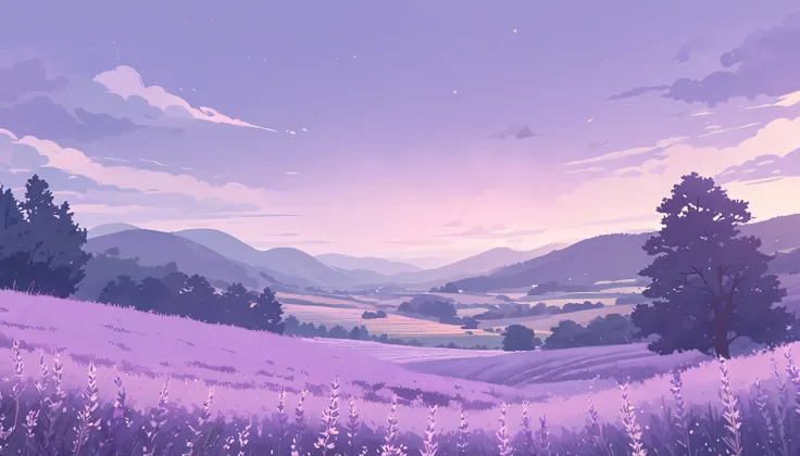 LAVENDER landscape , Pastel Purple Colors ,,Ghibli style ,cute ,Cozy , Landscape Wide Field Ultrawide Purple tone