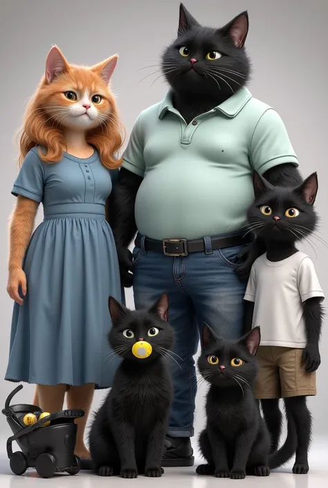 a cozy scene of a family of cats all standing next to each other, family photo photography, there are 6 cats: the mother a 35 year old adult orange cat thin in an ultra-realistic Pixar style wearing a simple blue dress, the father a cute fat black cat of 3...