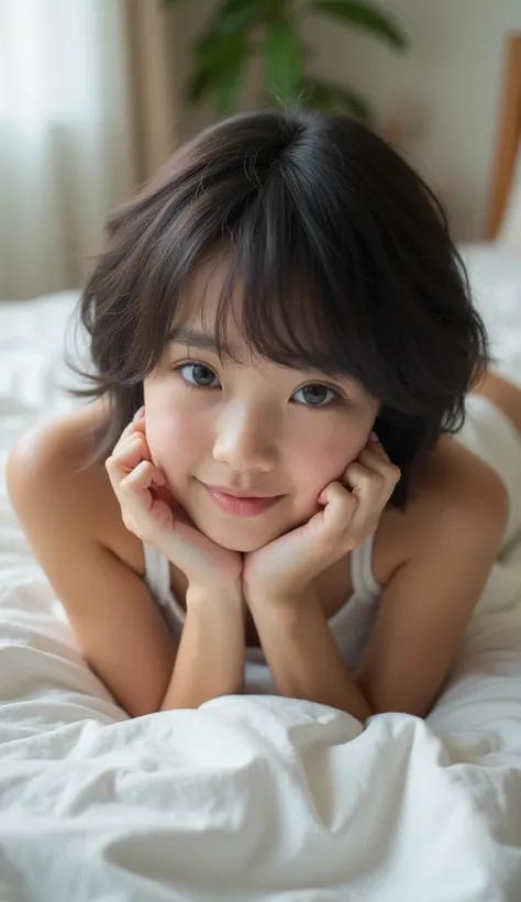  photograph Cute Japanese teenager with short hair, wearing a tank top and shorts, lying face down on the bed