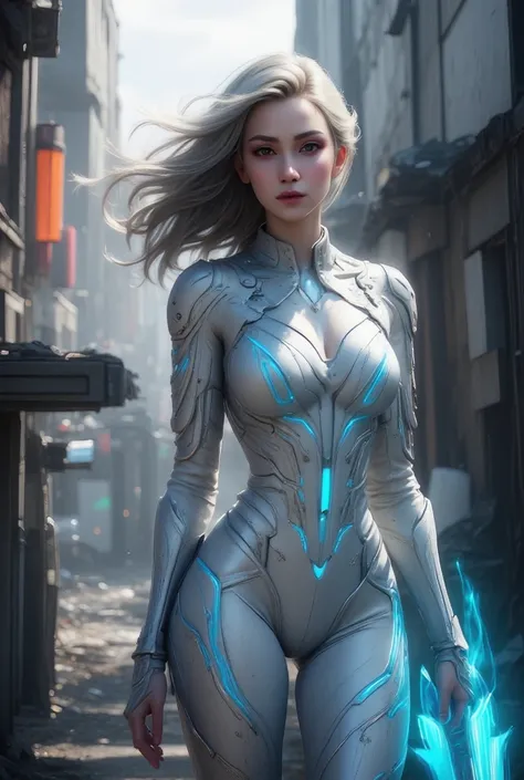 
"A stunningly beautiful female warrior with a sleek, futuristic bodysuit that accentuates her athletic yet graceful figure. She has long, flowing silver hair with subtle blue undertones, and her piercing blue eyes radiate a mix of determination and elegan...