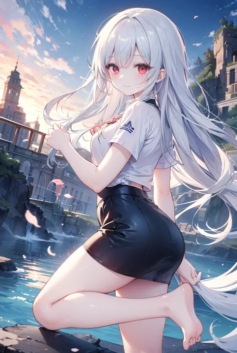 highest quality、Masterpiece、Ultra-high resolution、8k、Summer sky、early summer、((Short sleeve、Short skirt))、1 person、Soft line art、Soft drawing、Beautiful Hair, silver hair、((Lori))、Clear Eyes,red eyes、((Teasing Smile))、Ultra-detailed facial depiction、The gaz...