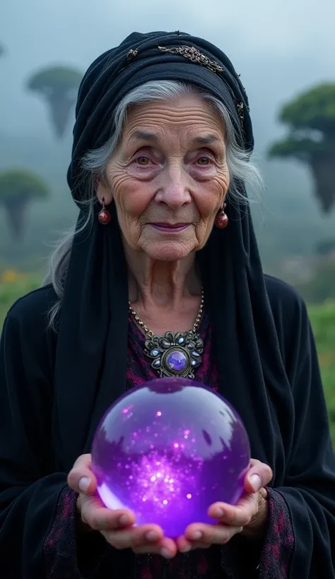 
A cinematic photo of an 70 years old woman with wisdom  . She is holding a deep purple sparkling crystal ball. The overall ambiance is cinematic and captivating, with a 8k resolution. The woman's eyes sparkle with intelligence and warmth, looking straight...