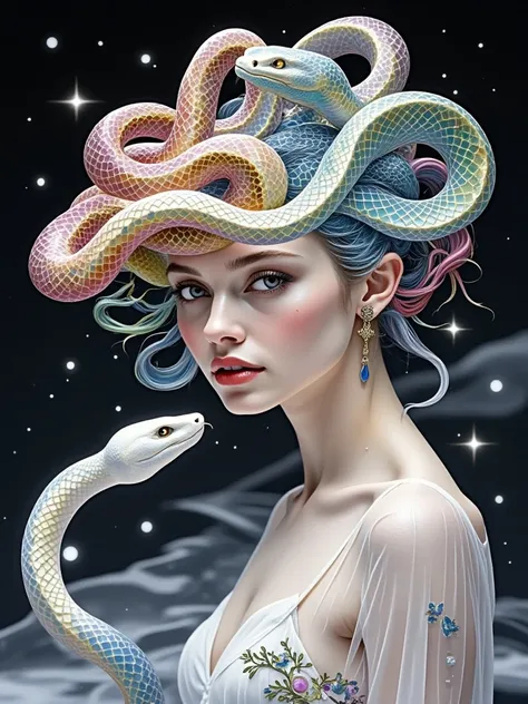 Medusa as a high fashion model on the cover of Vogue, inspired by the styles of Helmut Newton and Paolo Roversi, beautiful and powerful, the whole head hair has become glass snakes, each snake breaks different colors of the rainbow, delicate The dazzling f...