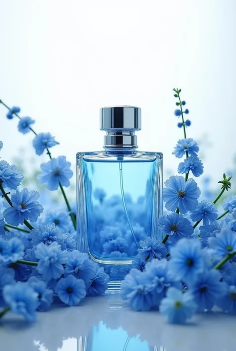 the fragrance bottle is immersed in beautiful blue flowers on a white background