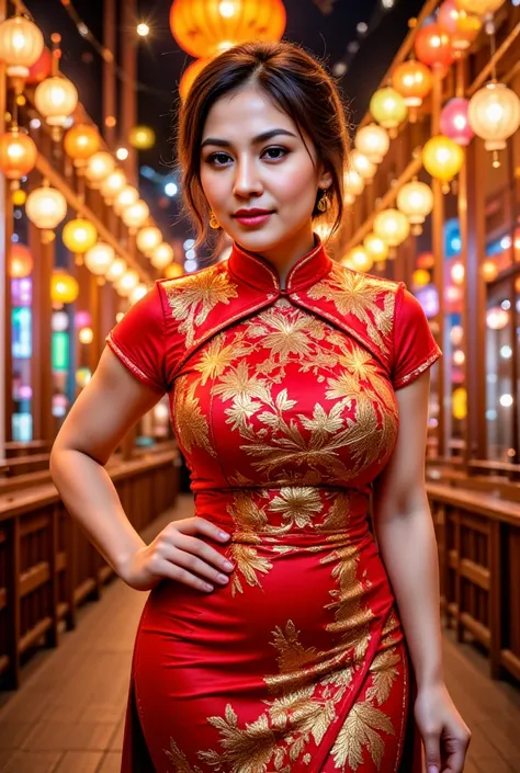 A radiant young woman standing under colorful lantern installations in Taipei during the Lantern Festival on a Lunar New Year evening. She wears a dazzling red dress inspired by qipao design, with golden phoenix patterns. Her chestnut brown hair is tied in...