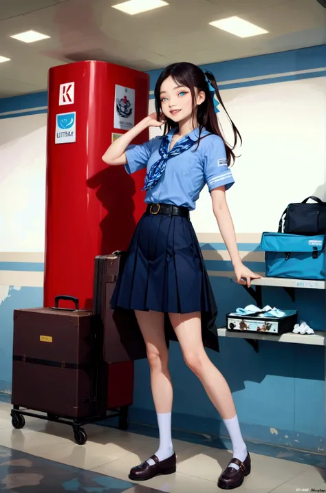 pretty teenage girl, at airport, suitcase near her, BREAK, (forehead, black long hair, half updo, navy-blue hair ribbon), BREAK, (light-indigo shirt, short sleeves collared shirt, navy-blue neckerchief, navy-blue pleated pencil long skirt, black belt with ...